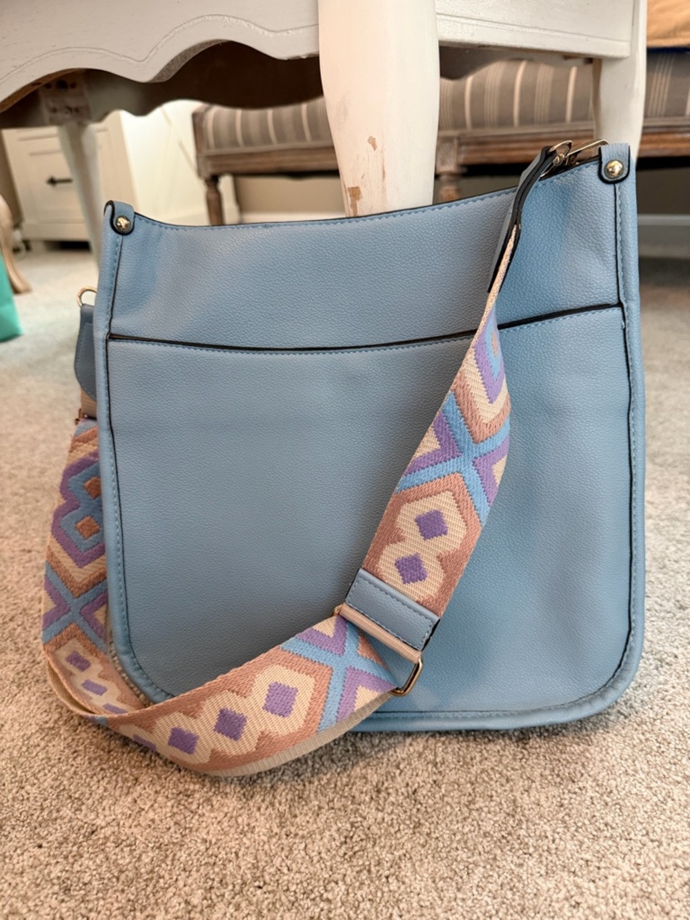 Soft Sky Blue Shoulder Bag with Patterned Strap